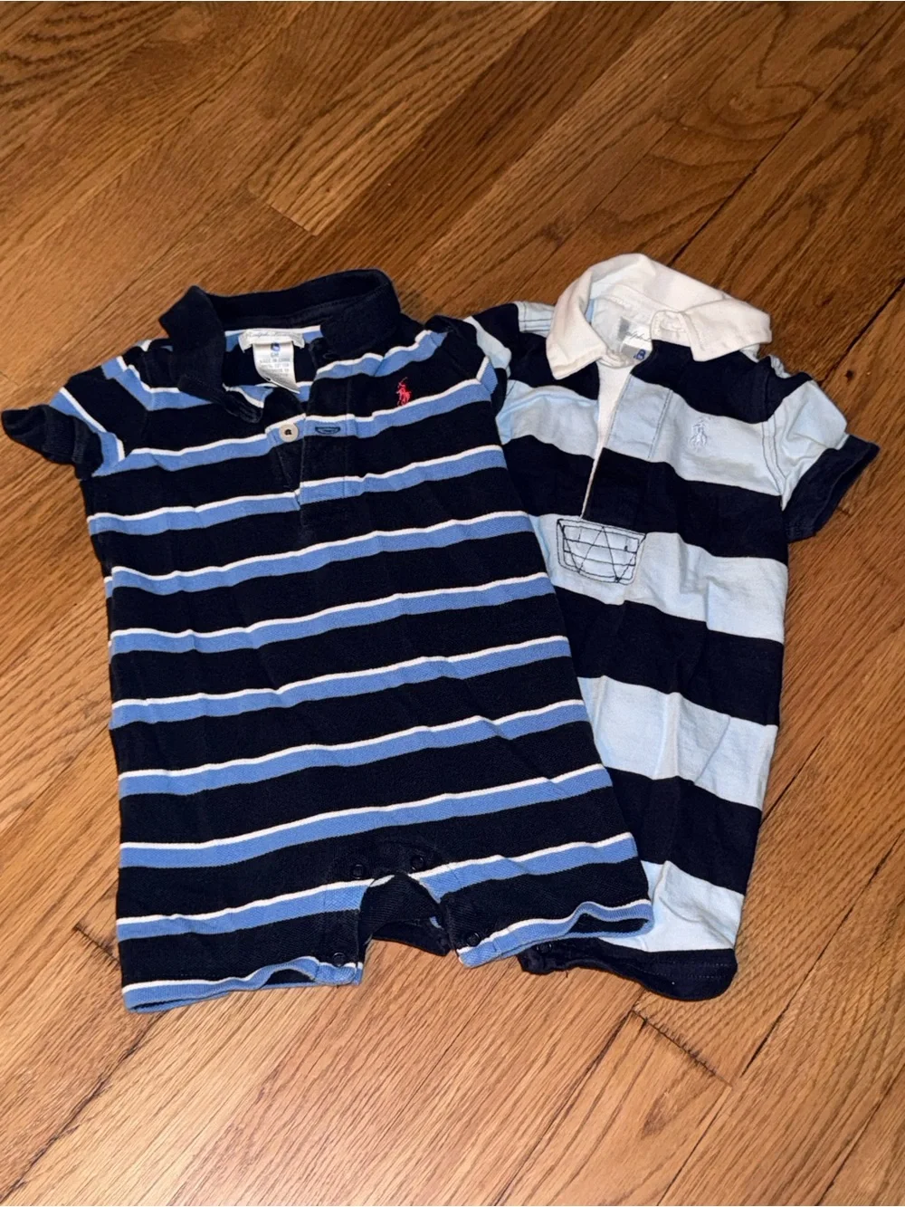 Ralph Lauren Navy & Light Blue Striped Baby Polo Rompers (2)